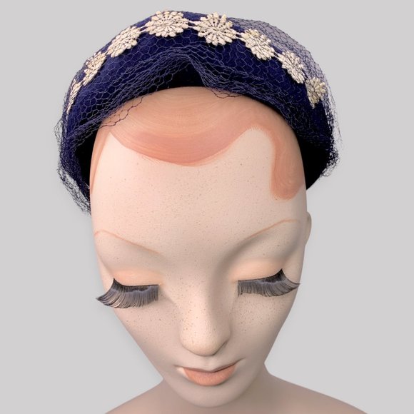Vintage Blue Virgin Wool Felt Embroidered Beret Tam Cap Hat WWII main image 6